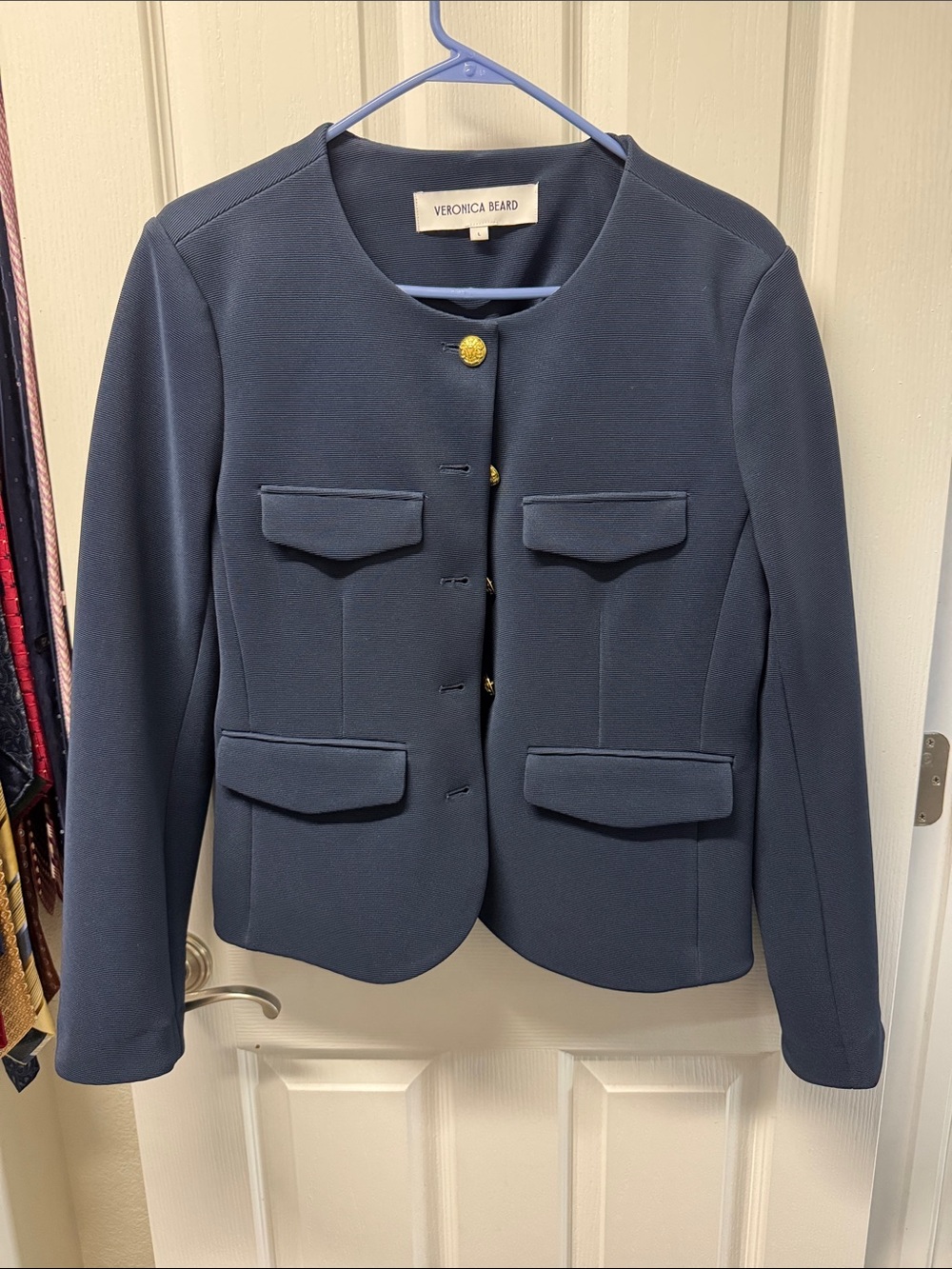 Veronica Beard Navy Round-Neck Pocket Blazer with Gold Buttons